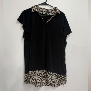 Adrianna Papell aNimal print chiffon top short sleeve leopard black blouse